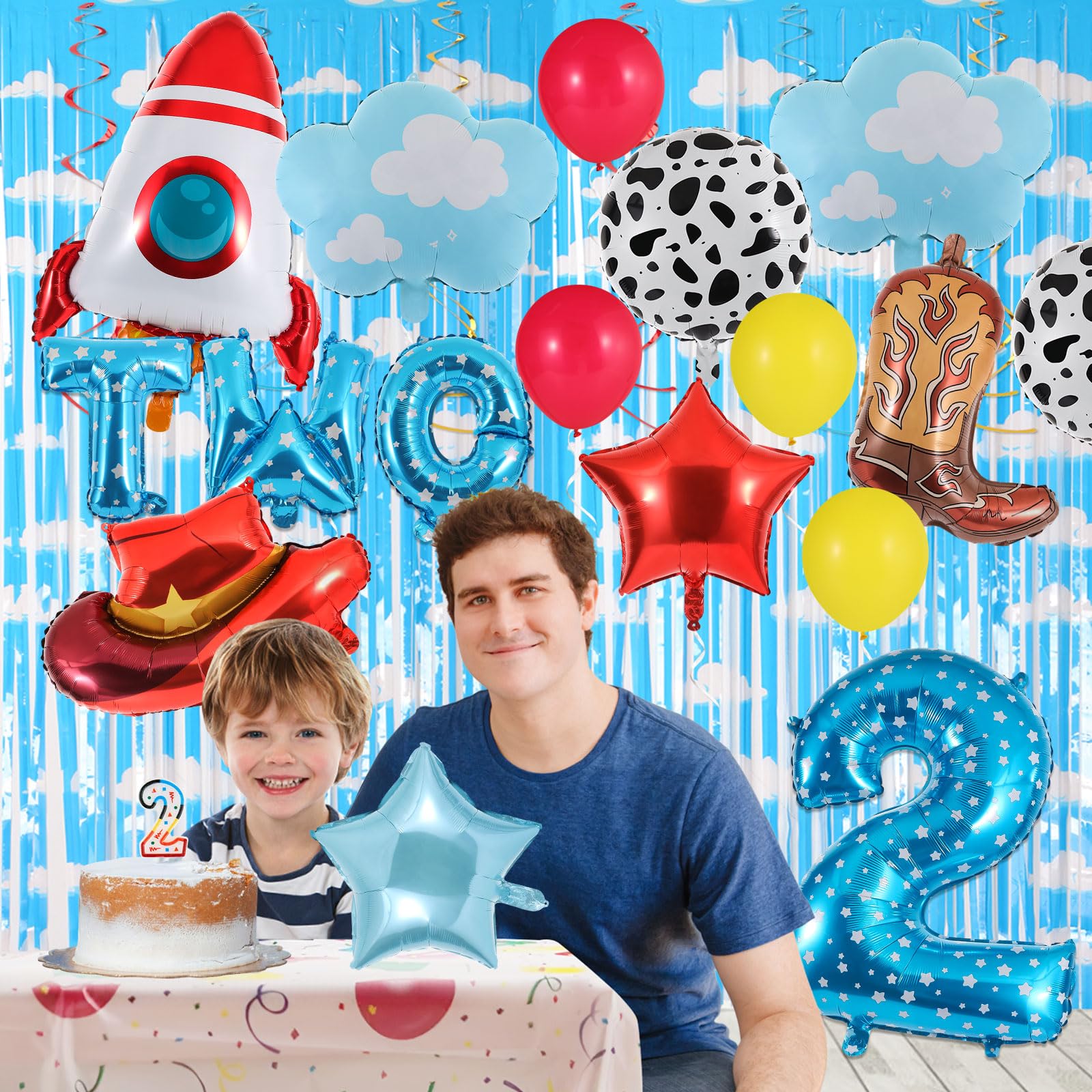 RANERVZ 17-Piece Toy Themed Birthday Balloon Set for 2nd Birthday – Includes Cowboy Hat, Rocket, Number 2, and More
