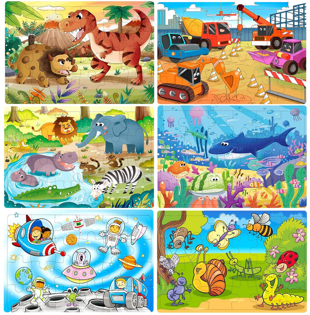 RANSUNN 6-Pack Wooden Puzzles for Kids Ages 3-5 – 24 Piece Jigsaw Puzzles (Under the Sea, Dinosaur, Safari, Insect, Transportation, Space)