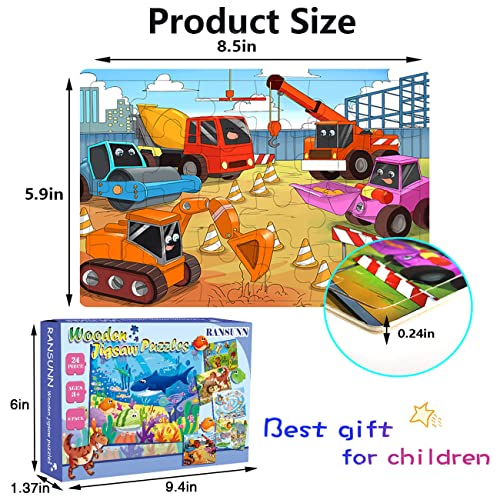 RANSUNN 6-Pack Wooden Puzzles for Kids Ages 3-5 – 24 Piece Jigsaw Puzzles (Under the Sea, Dinosaur, Safari, Insect, Transportation, Space)