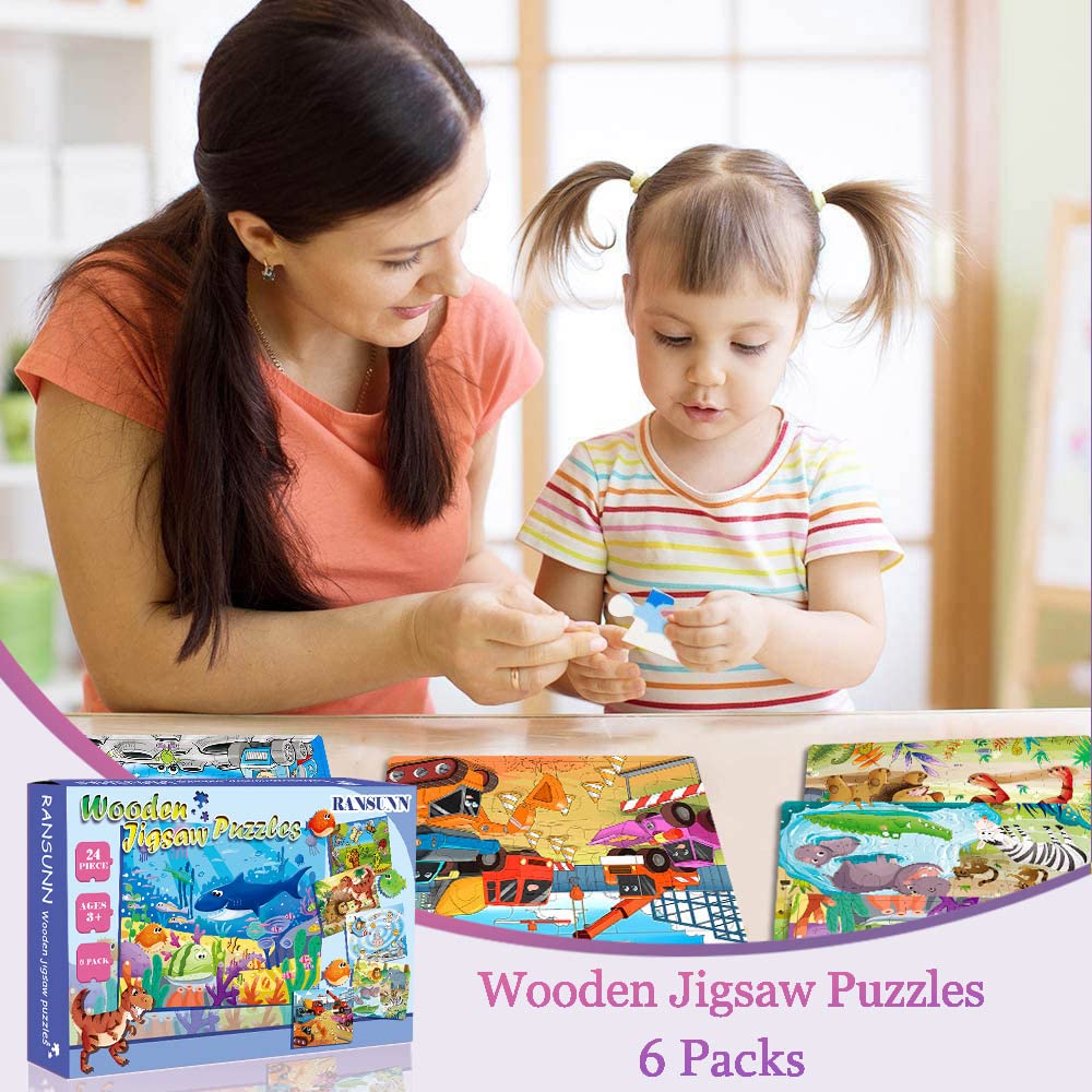 RANSUNN 6-Pack Wooden Puzzles for Kids Ages 3-5 – 24 Piece Jigsaw Puzzles (Under the Sea, Dinosaur, Safari, Insect, Transportation, Space)