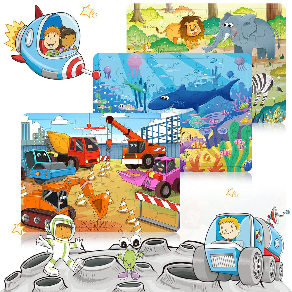 RANSUNN 6-Pack Wooden Puzzles for Kids Ages 3-5 – 24 Piece Jigsaw Puzzles (Under the Sea, Dinosaur, Safari, Insect, Transportation, Space)