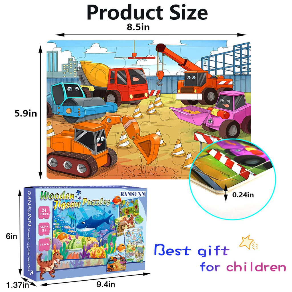 RANSUNN 6-Pack Wooden Puzzles for Kids Ages 3-5 – 24 Piece Jigsaw Puzzles (Under the Sea, Dinosaur, Safari, Insect, Transportation, Space)