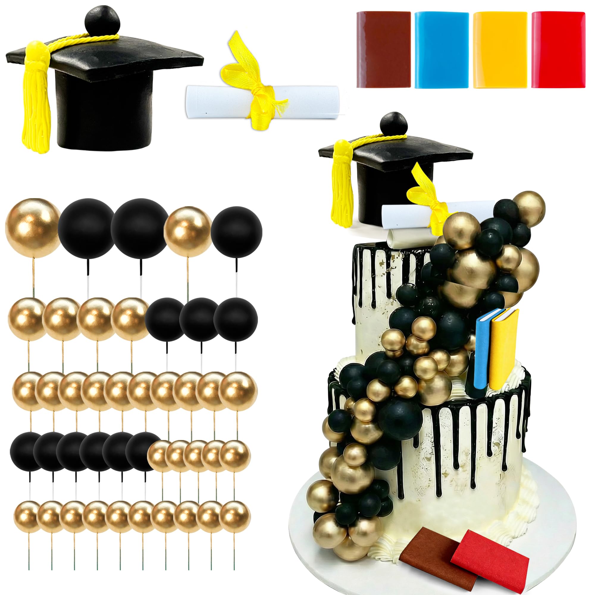 RASSLISA 50-Piece Graduation Cake Topper Set with Cap, Diploma, Books & Decorative Balls for 2026 High School College Senior Party Decor