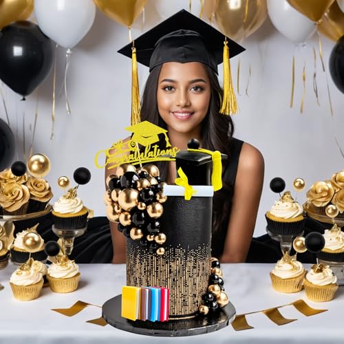 RASSLISA 50-Piece Graduation Cake Topper Set with Cap, Diploma, Books & Decorative Balls for 2026 High School College Senior Party Decor