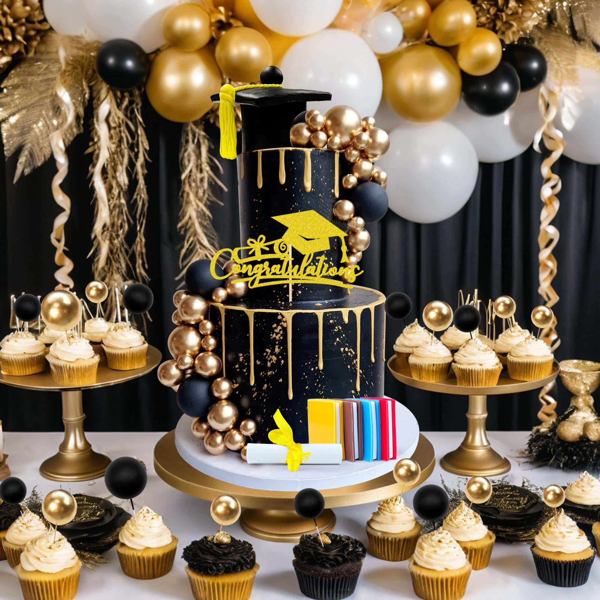 RASSLISA 50-Piece Graduation Cake Topper Set with Cap, Diploma, Books & Decorative Balls for 2026 High School College Senior Party Decor