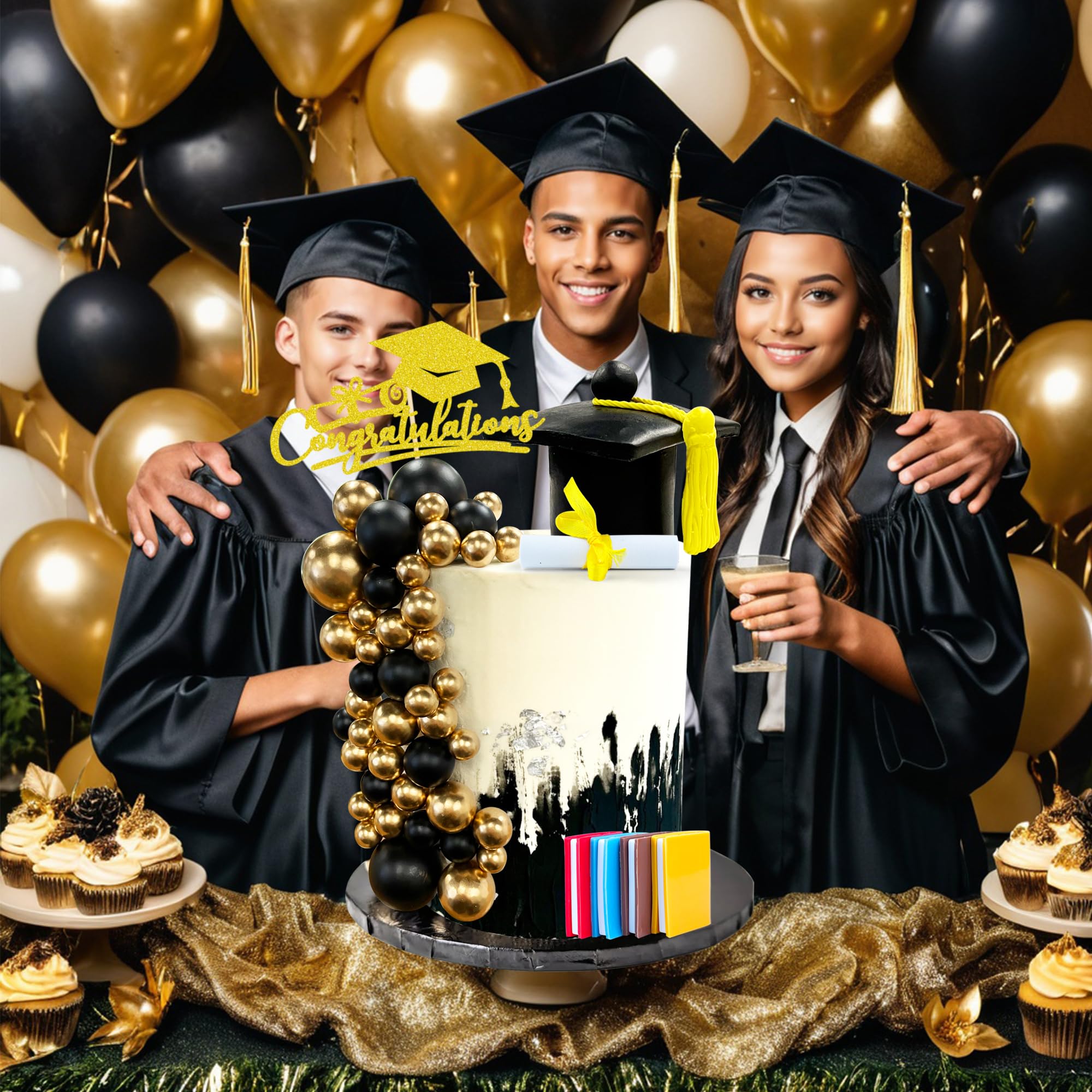RASSLISA 50-Piece Graduation Cake Topper Set with Cap, Diploma, Books & Decorative Balls for 2026 High School College Senior Party Decor