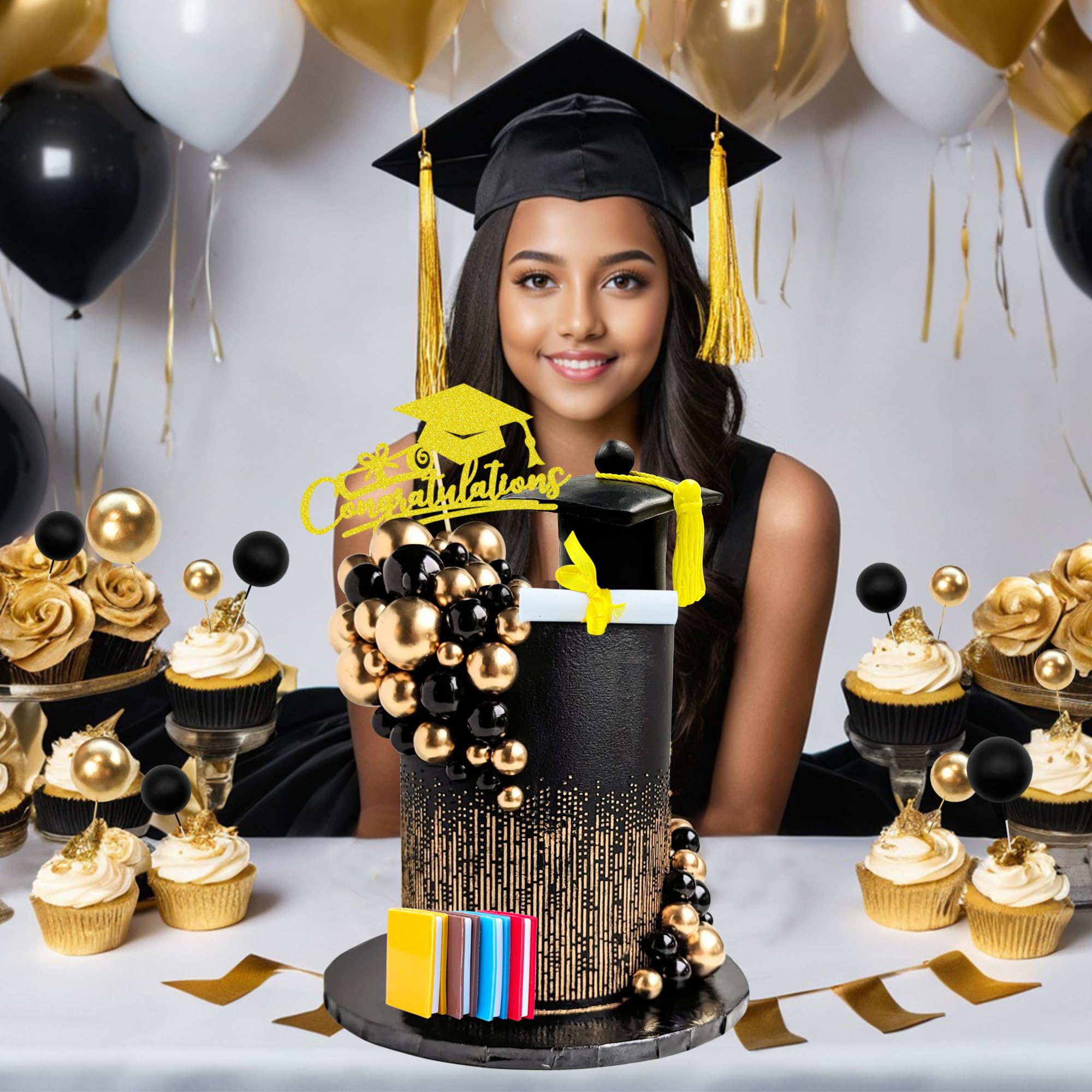 RASSLISA 50-Piece Graduation Cake Topper Set with Cap, Diploma, Books & Decorative Balls for 2026 High School College Senior Party Decor