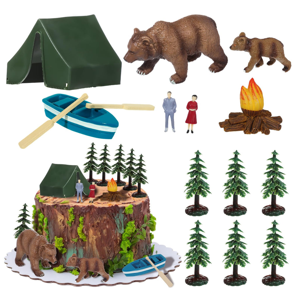 RAYNAG 13-Piece Camping Cake Topper Set with Tent, Trees, Bears, and Boat – Non-Edible Plastic Decorations for Forest Woodland Birthday Parties