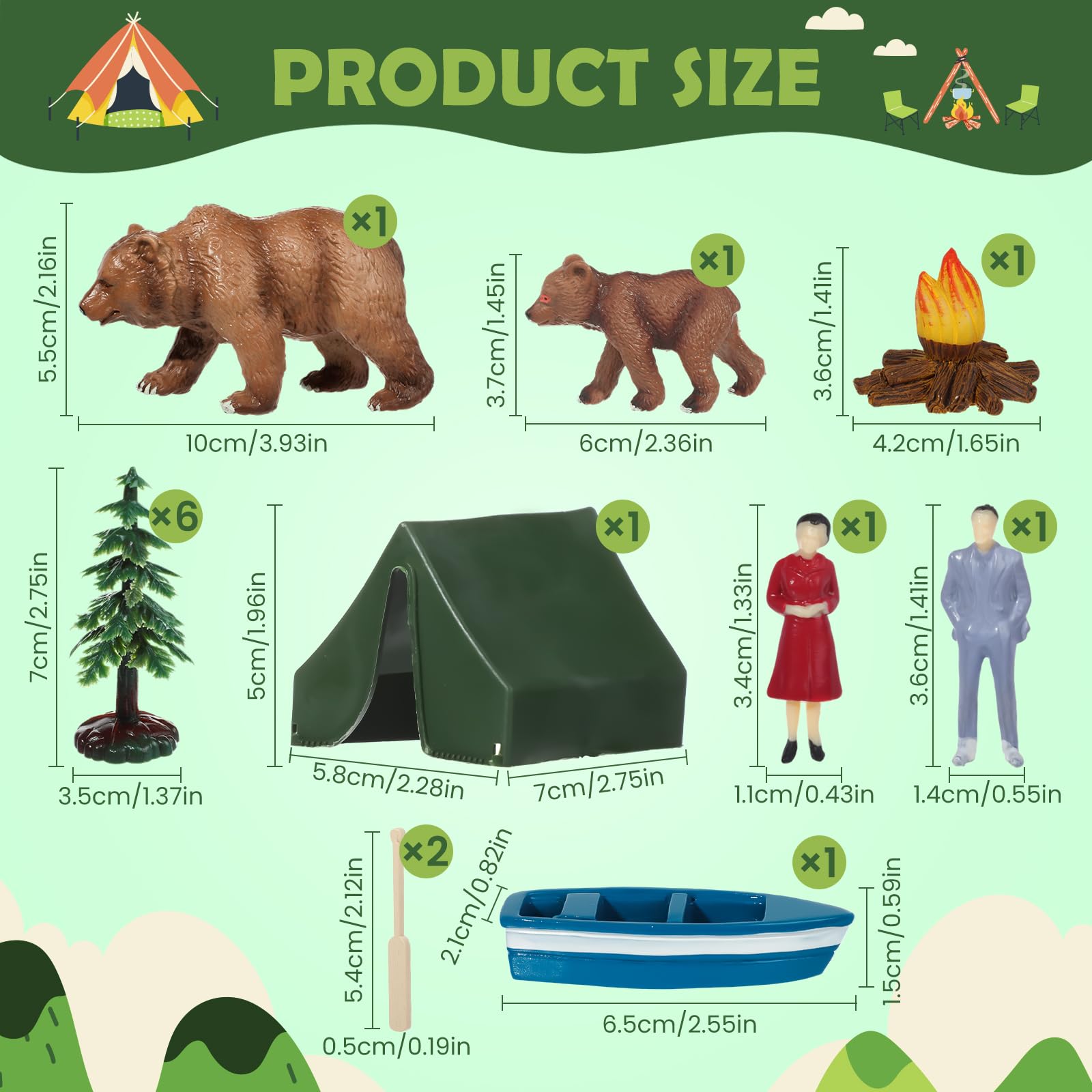 RAYNAG 13-Piece Camping Cake Topper Set with Tent, Trees, Bears, and Boat – Non-Edible Plastic Decorations for Forest Woodland Birthday Parties