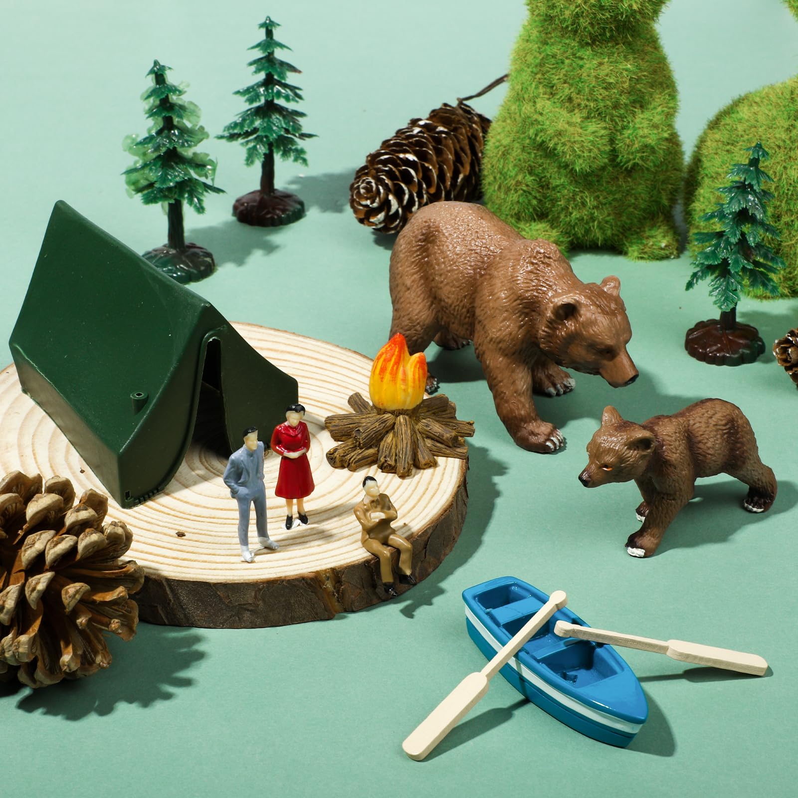 RAYNAG 13-Piece Camping Cake Topper Set with Tent, Trees, Bears, and Boat – Non-Edible Plastic Decorations for Forest Woodland Birthday Parties