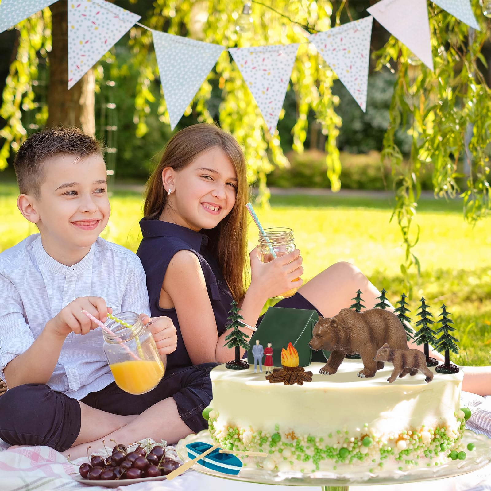 RAYNAG 13-Piece Camping Cake Topper Set with Tent, Trees, Bears, and Boat – Non-Edible Plastic Decorations for Forest Woodland Birthday Parties