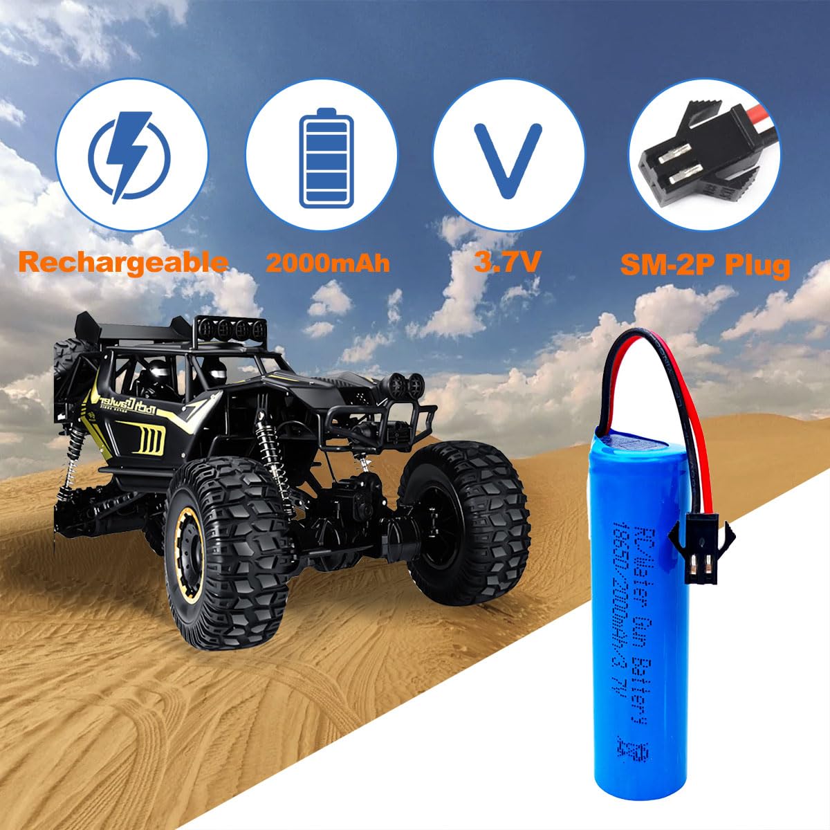 RC Car Battery 2000mAh (Upgraded) 3.7V Li-ion SM-2P – 2-Pack with USB Charger