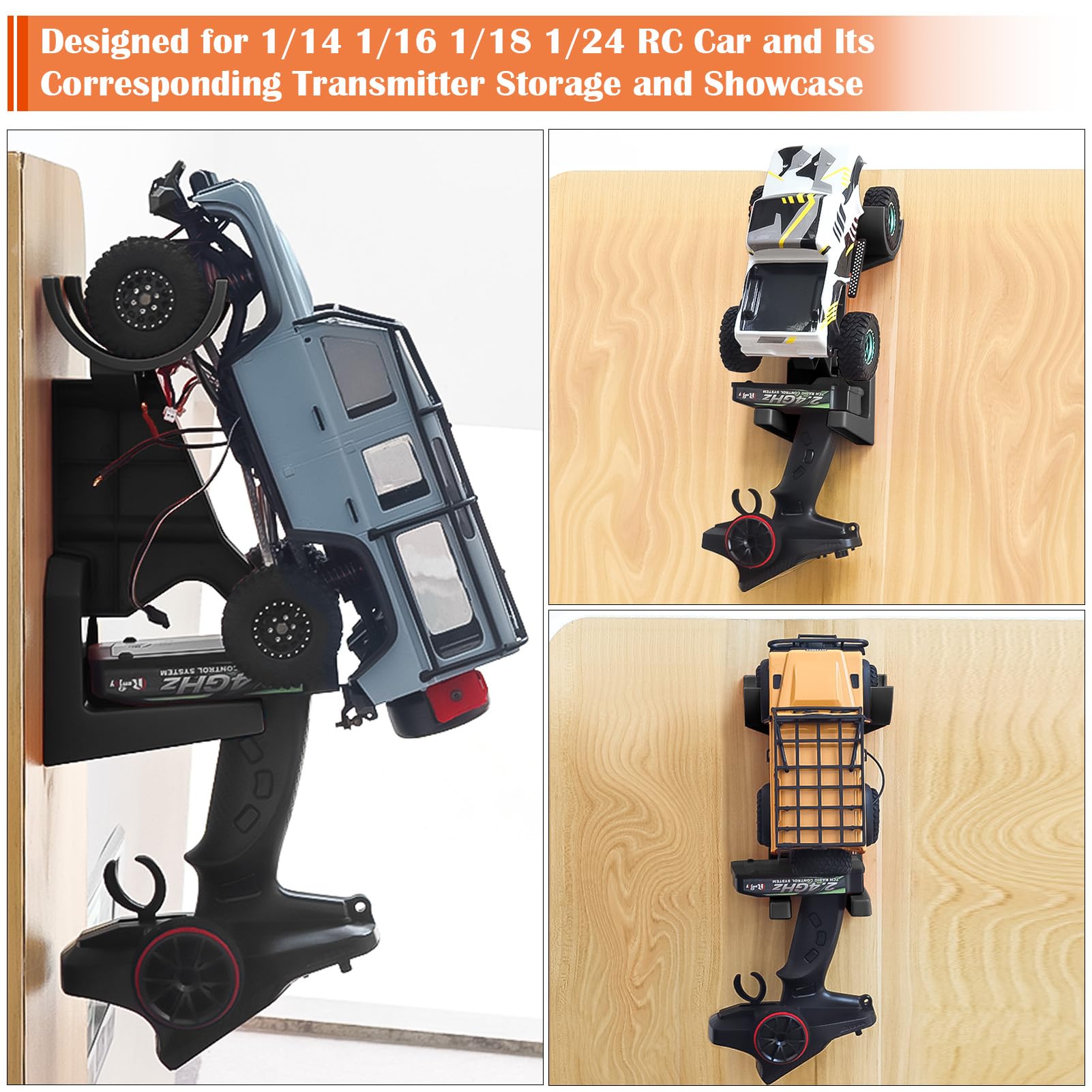 RC Car Wall Mount – Organize Your 1/14 to 1/24 RC Model and Transmitter, Prevents Tire and Shock Wear (Black)