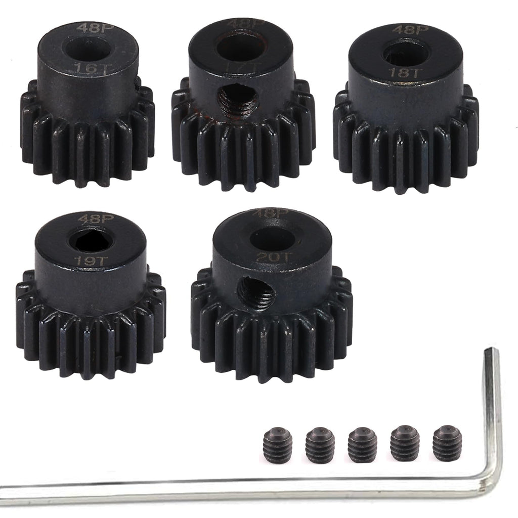 RcThjia 48P Hardened Steel Pinion Gear Set (5pcs) 16T-20T with Hex Key for RC Motor Shaft 3.175mm