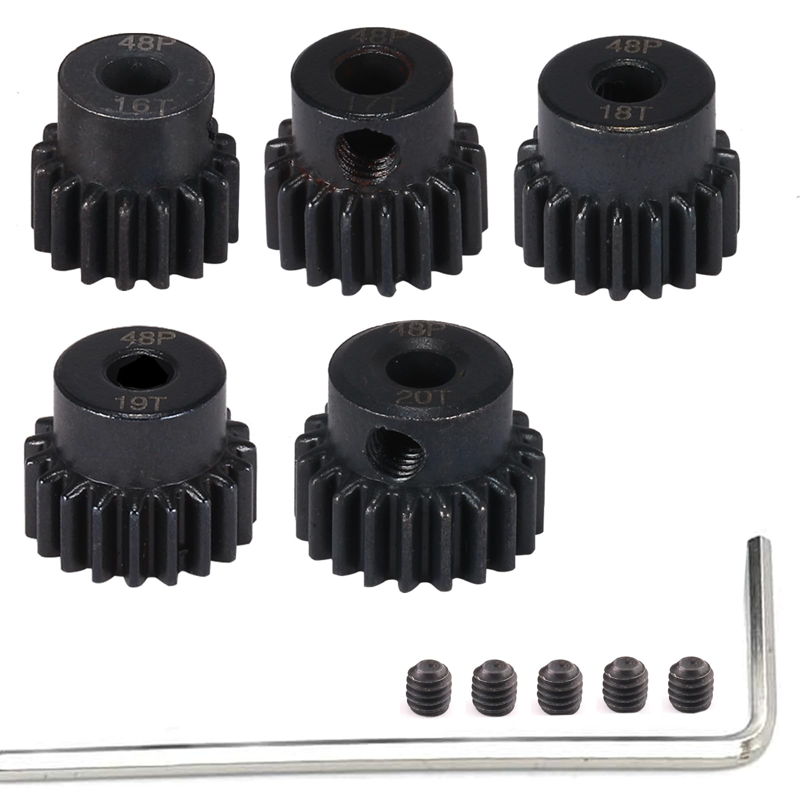 RcThjia 48P Hardened Steel Pinion Gear Set (5pcs) 16T-20T with Hex Key for RC Motor Shaft 3.175mm