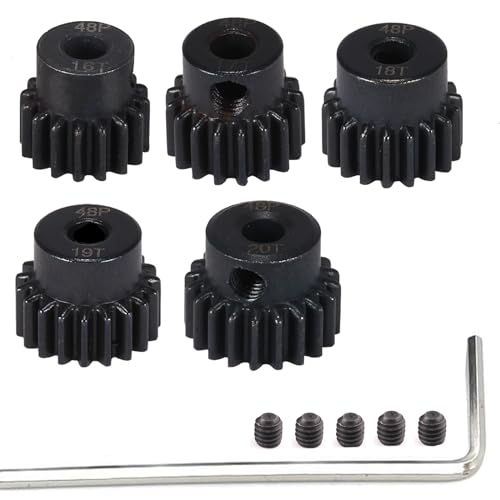RcThjia 48P Hardened Steel Pinion Gear Set (5pcs) 16T-20T with Hex Key for RC Motor Shaft 3.175mm