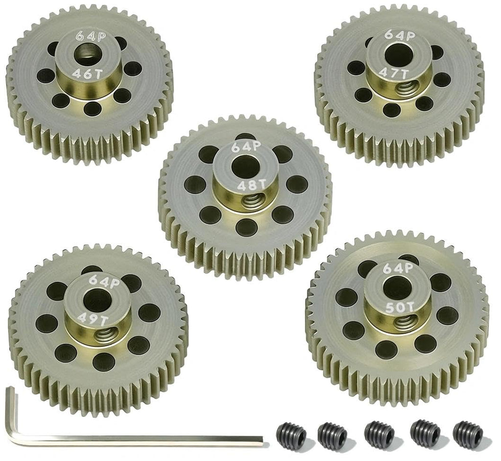RcThjia 5-Pack 64P Aluminum Pinion Gears (46T-50T) for 3.175mm Shaft - 1/10 RC Car Upgrade