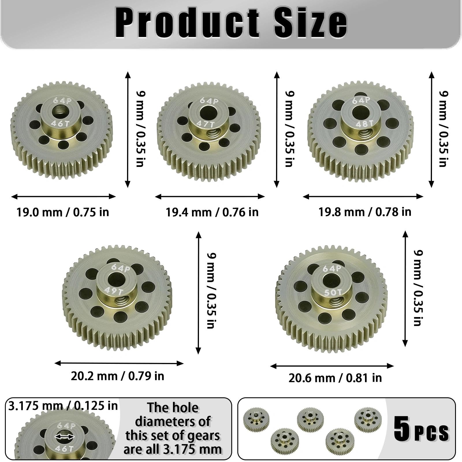 RcThjia 5-Pack 64P Aluminum Pinion Gears (46T-50T) for 3.175mm Shaft - 1/10 RC Car Upgrade