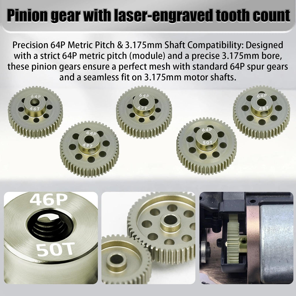 RcThjia 5-Pack 64P Aluminum Pinion Gears (46T-50T) for 3.175mm Shaft - 1/10 RC Car Upgrade