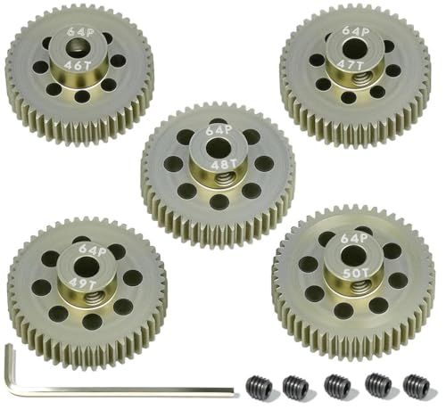 RcThjia 5-Pack 64P Aluminum Pinion Gears (46T-50T) for 3.175mm Shaft - 1/10 RC Car Upgrade