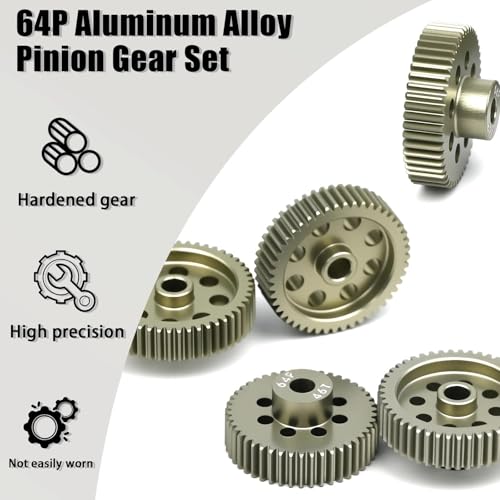 RcThjia 5-Pack 64P Aluminum Pinion Gears (46T-50T) for 3.175mm Shaft - 1/10 RC Car Upgrade