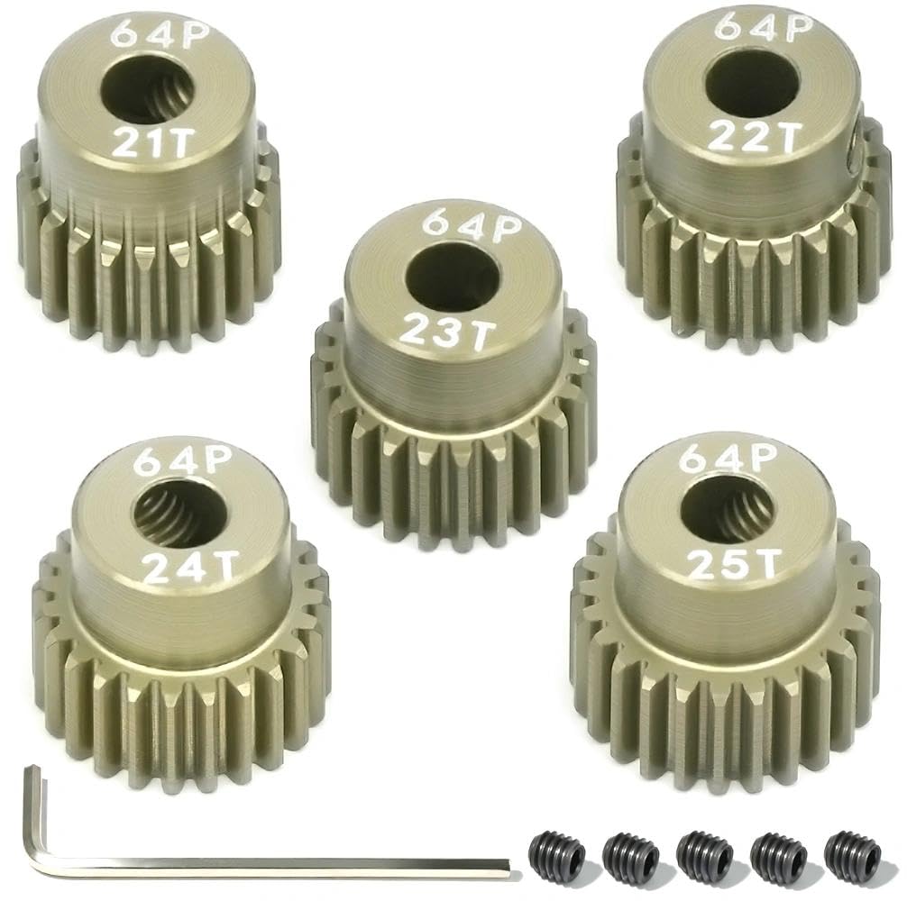 RcThjia 5-Piece 64P Aluminum Pinion Gear Set 21T-25T for 1/10 RC Cars – 3.175mm Shaft, Includes M4 Screws and Hex Key