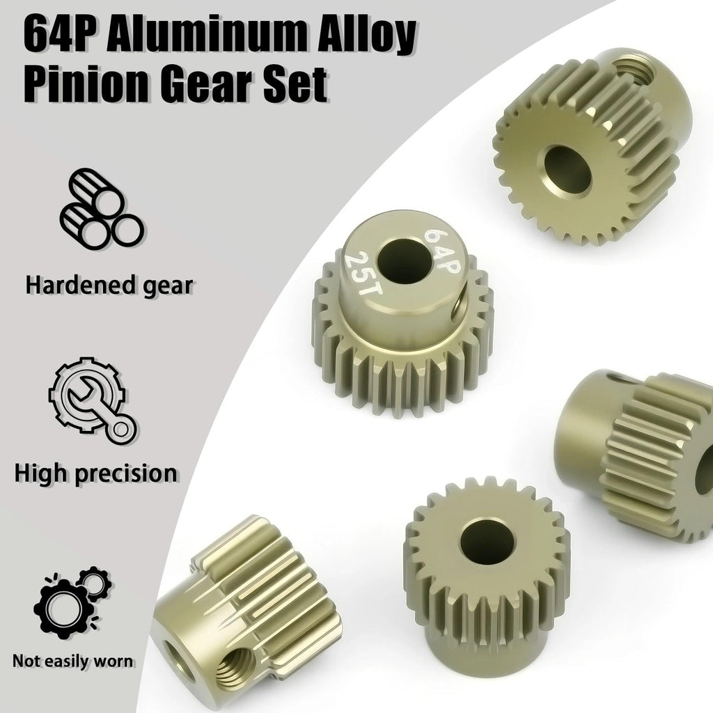RcThjia 5-Piece 64P Aluminum Pinion Gear Set 21T-25T for 1/10 RC Cars – 3.175mm Shaft, Includes M4 Screws and Hex Key