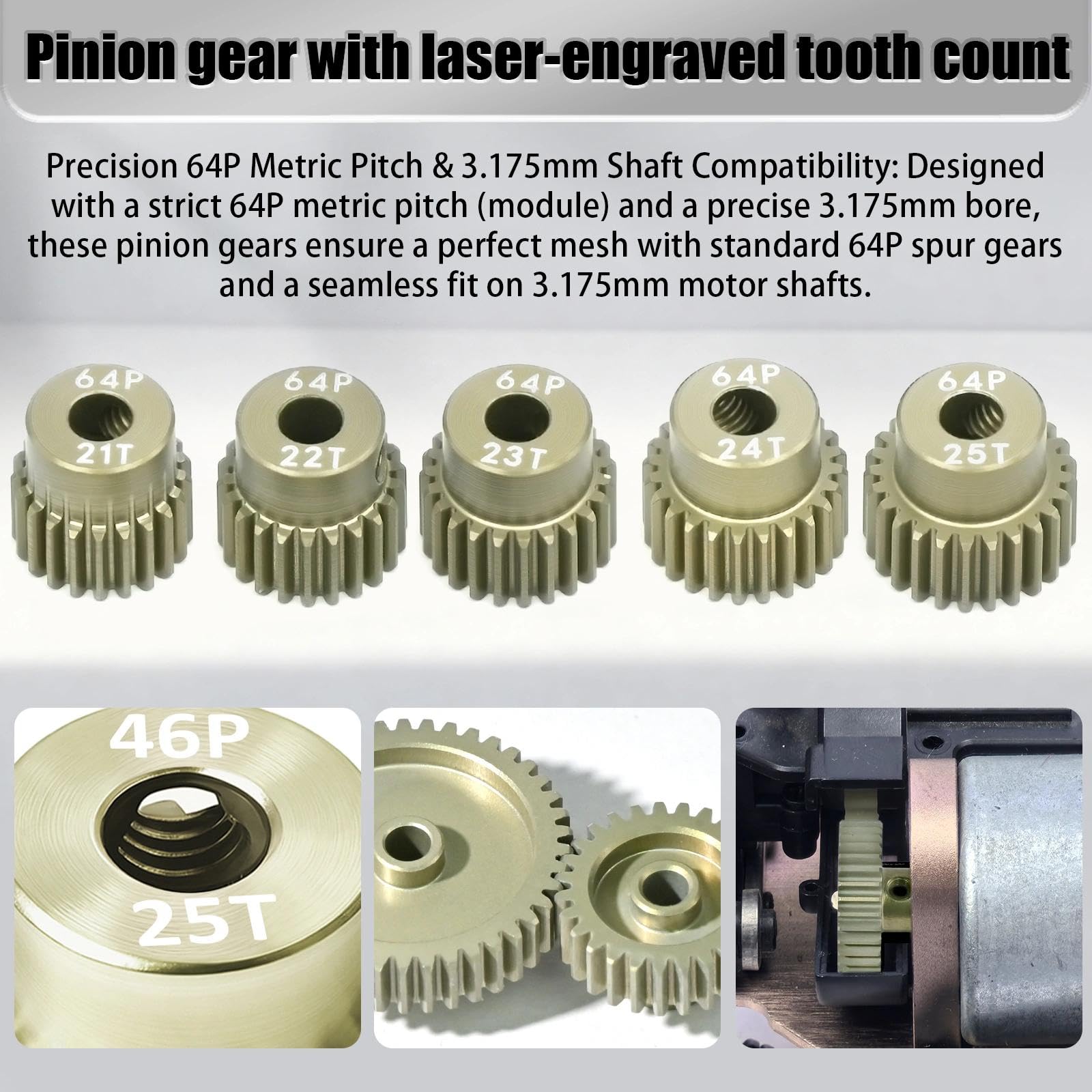RcThjia 5-Piece 64P Aluminum Pinion Gear Set 21T-25T for 1/10 RC Cars – 3.175mm Shaft, Includes M4 Screws and Hex Key