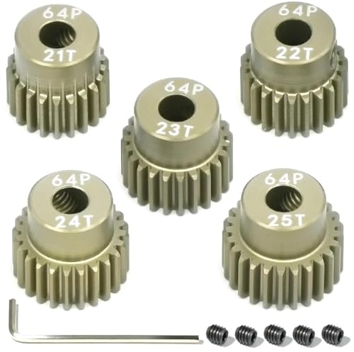 RcThjia 5-Piece 64P Aluminum Pinion Gear Set 21T-25T for 1/10 RC Cars – 3.175mm Shaft, Includes M4 Screws and Hex Key