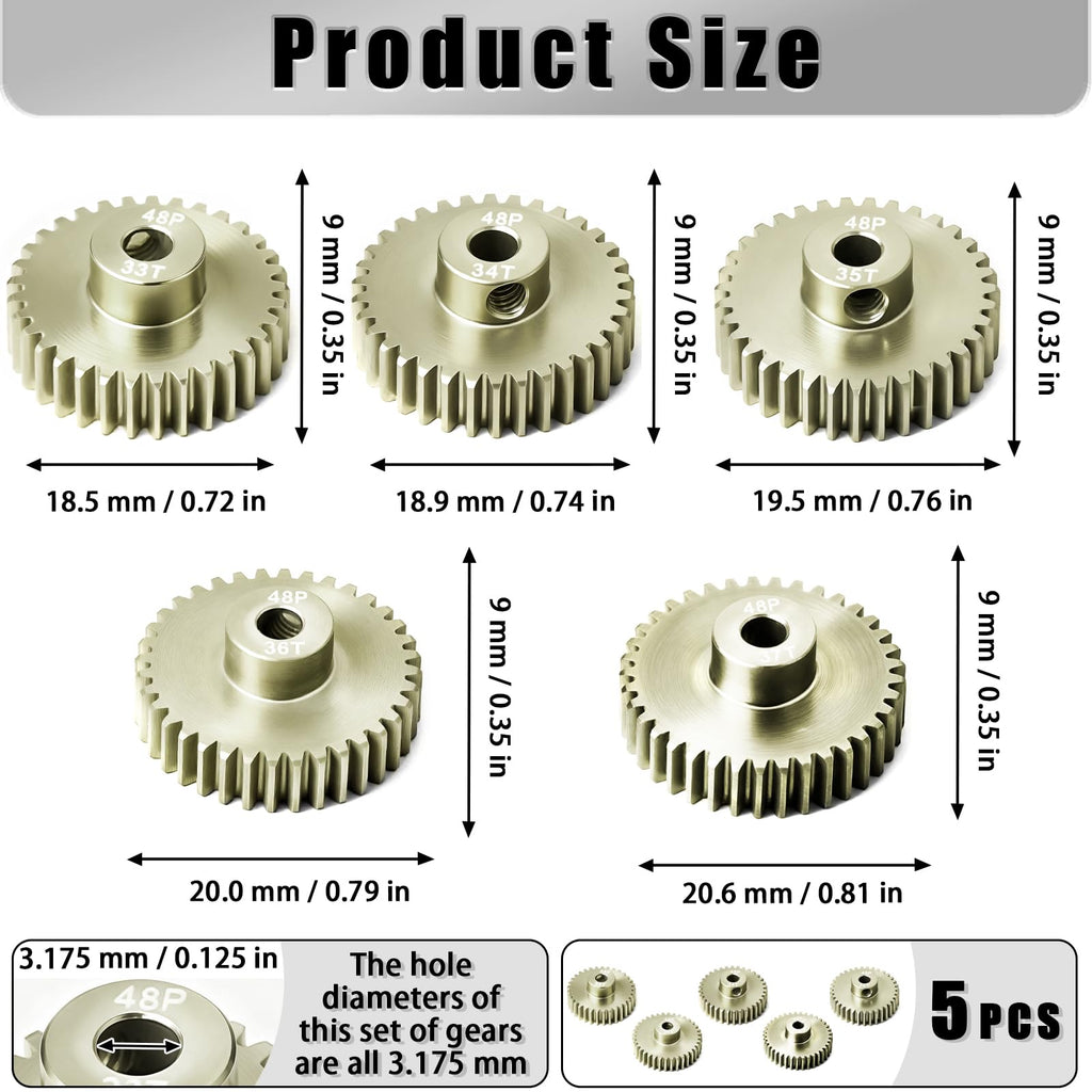 RcThjia 5Pcs 48P Aluminum Alloy Pinion Gear Set 3.175mm 33T-37T for 1/10 RC Cars, with M4 Screw and Hex Key