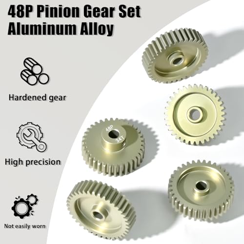 RcThjia 5Pcs 48P Aluminum Alloy Pinion Gear Set 3.175mm 33T-37T for 1/10 RC Cars, with M4 Screw and Hex Key