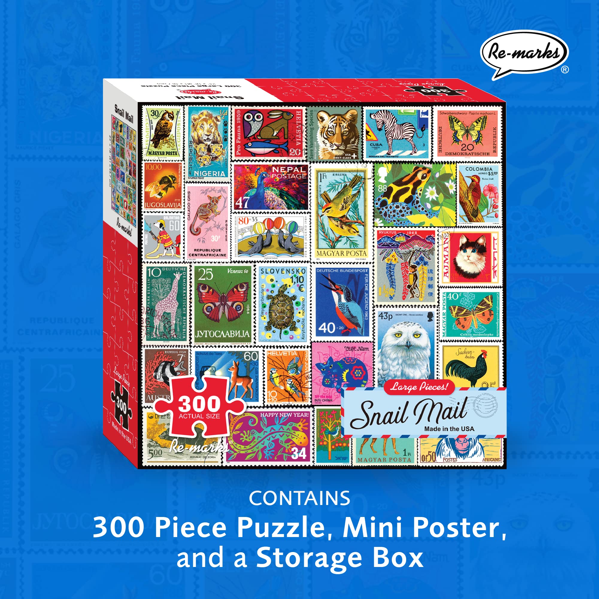 Re-Marks Snail Mail Postage-Stamp Collage Puzzle – 300-Piece Jigsaw Featuring Vintage Animal Stamps