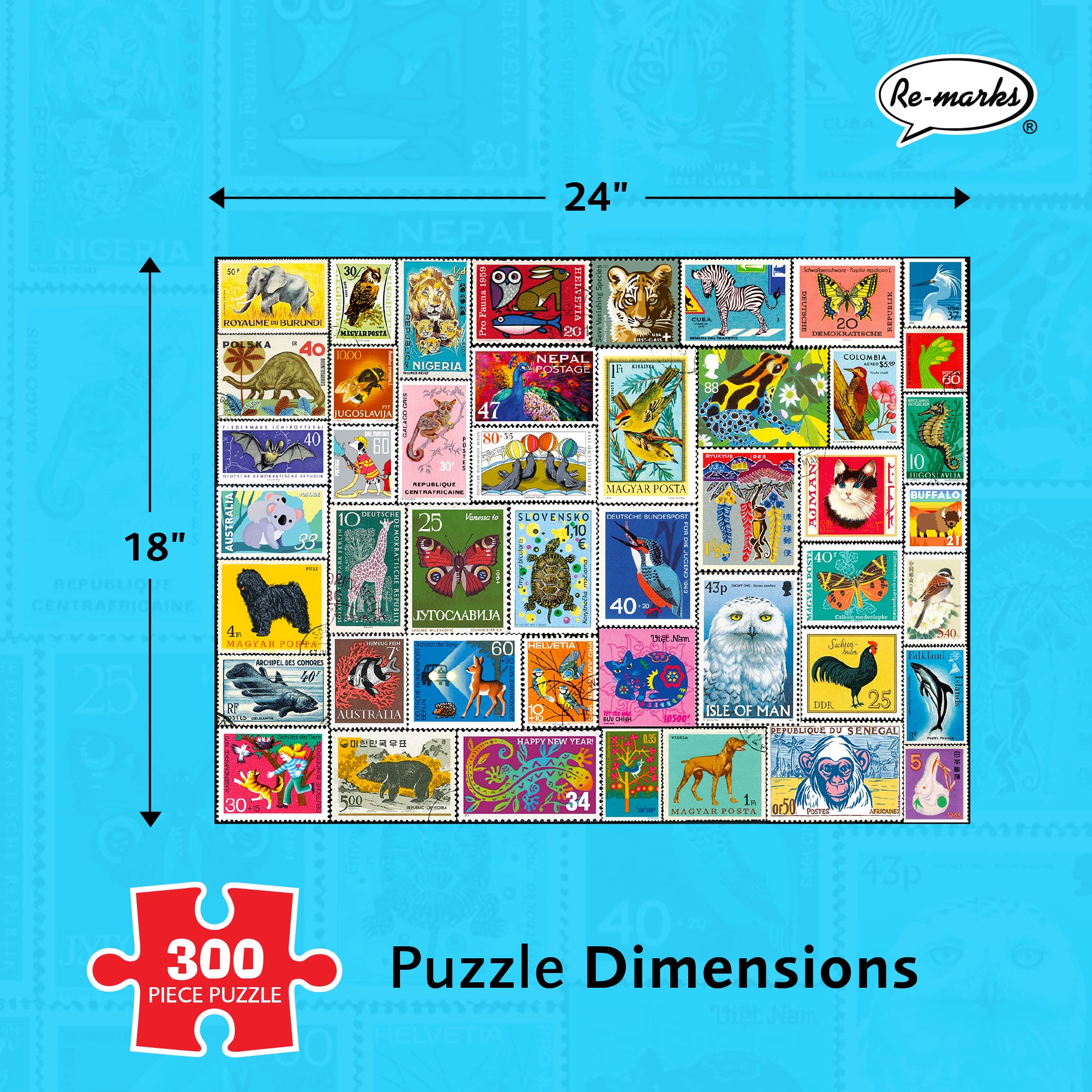 Re-Marks Snail Mail Postage-Stamp Collage Puzzle – 300-Piece Jigsaw Featuring Vintage Animal Stamps
