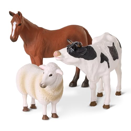 Realistic Farm Animal Figurines Set of 3 – Plastic Horse, Bull & Sheep Toys for Kids Ages 3+