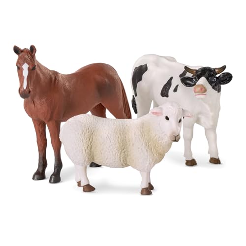 Realistic Farm Animal Figurines Set of 3 – Plastic Horse, Bull & Sheep Toys for Kids Ages 3+