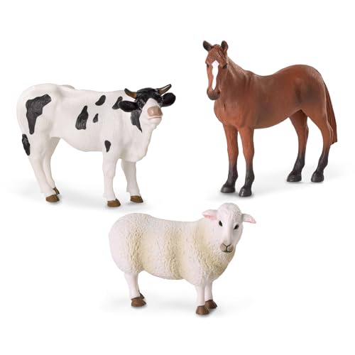 Realistic Farm Animal Figurines Set of 3 – Plastic Horse, Bull & Sheep Toys for Kids Ages 3+