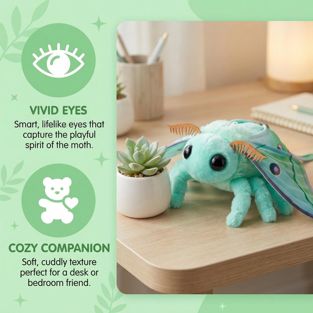 Realistic Luna Moth Plush Toy - Soft 7.5 Inch Stuffed Animal Keychain, Cute Green Moth Plushie