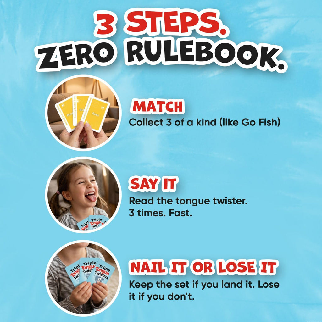 Really?! Triple Tongue Twisters Card Game – Fun Family Game Night Activity for Teens and Adults, Travel-Friendly Party Game for 2-6 Players Ages 8+