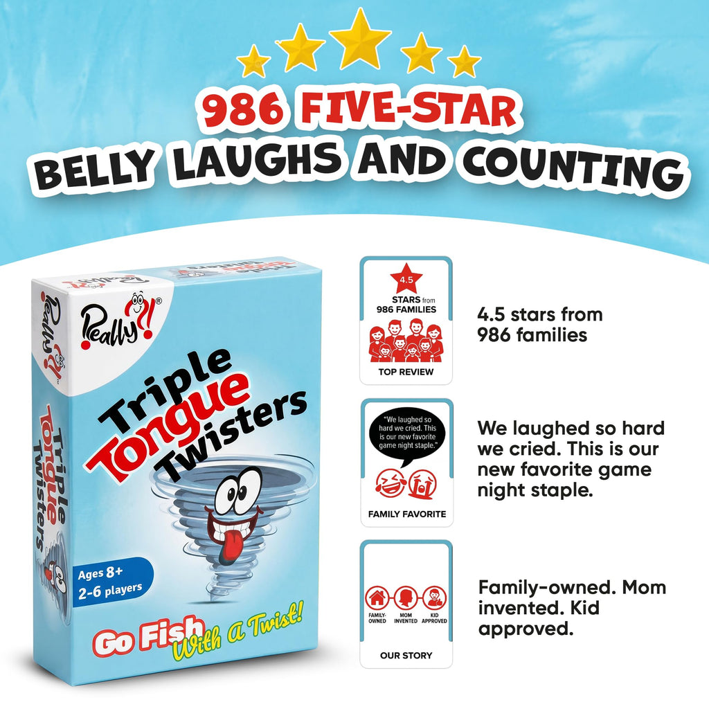 Really?! Triple Tongue Twisters Card Game – Fun Family Game Night Activity for Teens and Adults, Travel-Friendly Party Game for 2-6 Players Ages 8+
