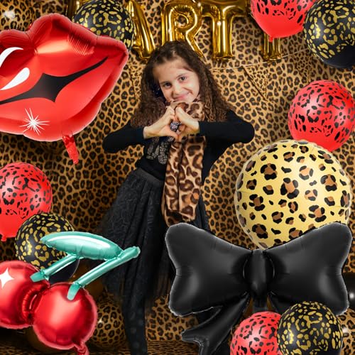 Realspring 18-Piece Cheetah Print Balloon Party Kit – Red & Black Foil Balloons with Lips, Bows, Cherries