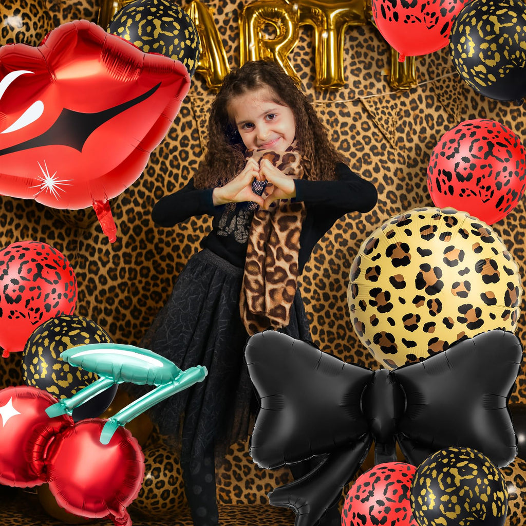 Realspring 18-Piece Cheetah Print Balloon Party Kit – Red & Black Foil Balloons with Lips, Bows, Cherries