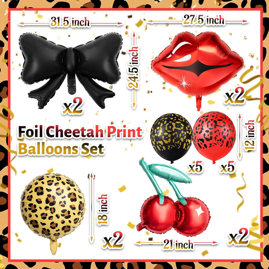 Realspring 18-Piece Cheetah Print Balloon Party Kit – Red & Black Foil Balloons with Lips, Bows, Cherries