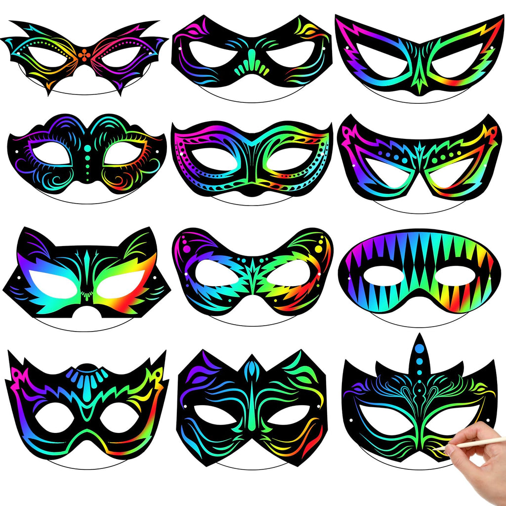 Realspring 60-Pack Hero Scratch Paper Masks – DIY Craft Kit with 12 Styles, Wooden Sticks & Elastic Ropes