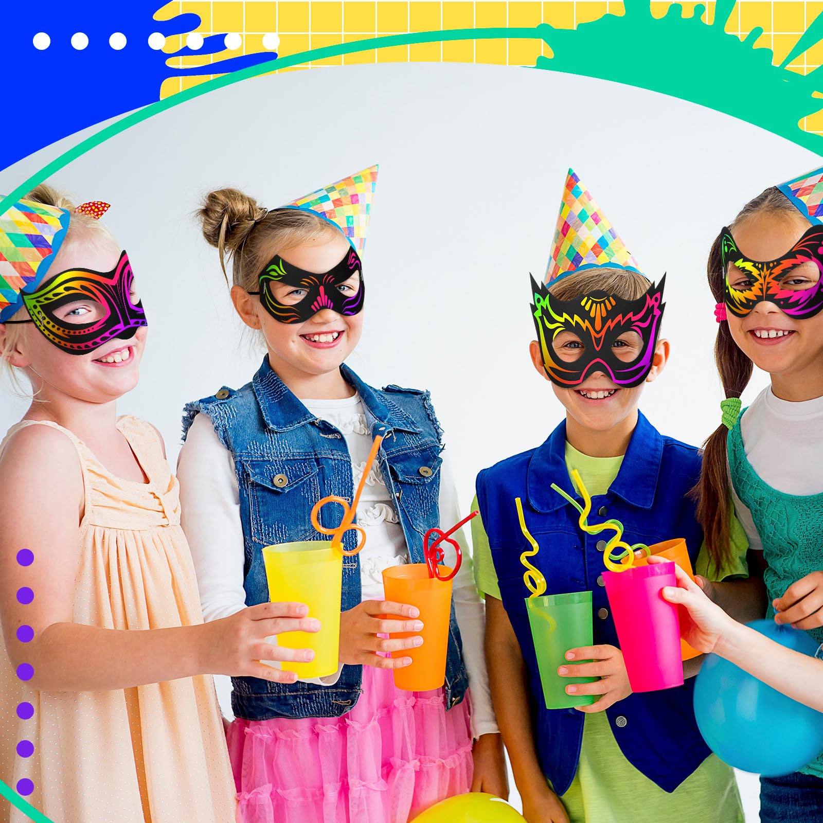 Realspring 60-Pack Hero Scratch Paper Masks – DIY Craft Kit with 12 Styles, Wooden Sticks & Elastic Ropes
