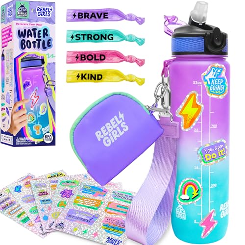 Rebel Girls Decorate Your Own Water Bottle Kit - 32oz BPA-Free Sports Bottle with Motivational Stickers, Hair Ties & More - Creative Gift for Girls Ages 6+