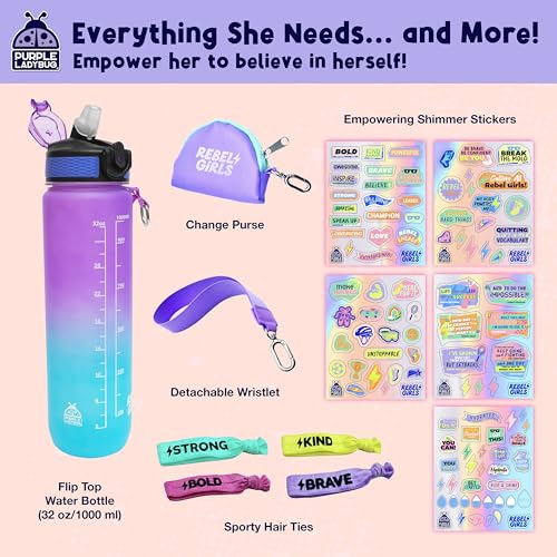 Rebel Girls Decorate Your Own Water Bottle Kit - 32oz BPA-Free Sports Bottle with Motivational Stickers, Hair Ties & More - Creative Gift for Girls Ages 6+