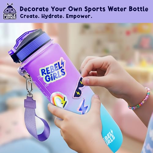 Rebel Girls Decorate Your Own Water Bottle Kit - 32oz BPA-Free Sports Bottle with Motivational Stickers, Hair Ties & More - Creative Gift for Girls Ages 6+