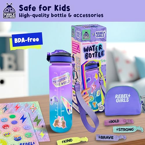 Rebel Girls Decorate Your Own Water Bottle Kit - 32oz BPA-Free Sports Bottle with Motivational Stickers, Hair Ties & More - Creative Gift for Girls Ages 6+