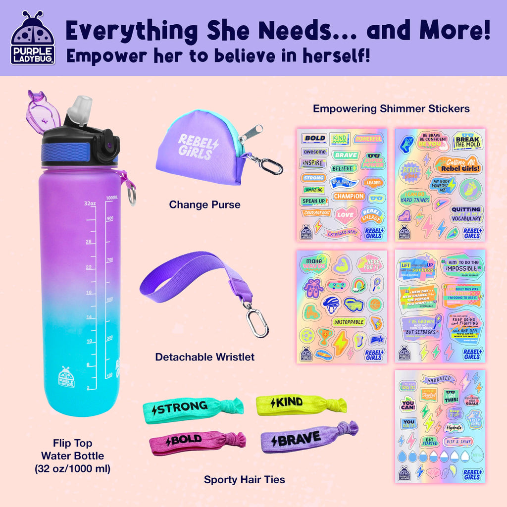 Rebel Girls Decorate Your Own Water Bottle Kit - 32oz BPA-Free Sports Bottle with Motivational Stickers, Hair Ties & More - Creative Gift for Girls Ages 6+