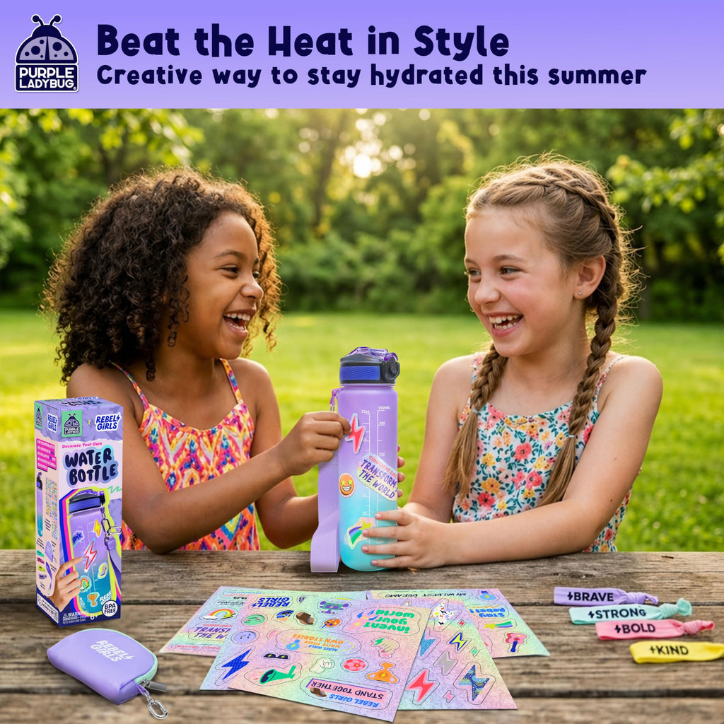 Rebel Girls Decorate Your Own Water Bottle Kit - 32oz BPA-Free Sports Bottle with Motivational Stickers, Hair Ties & More - Creative Gift for Girls Ages 6+